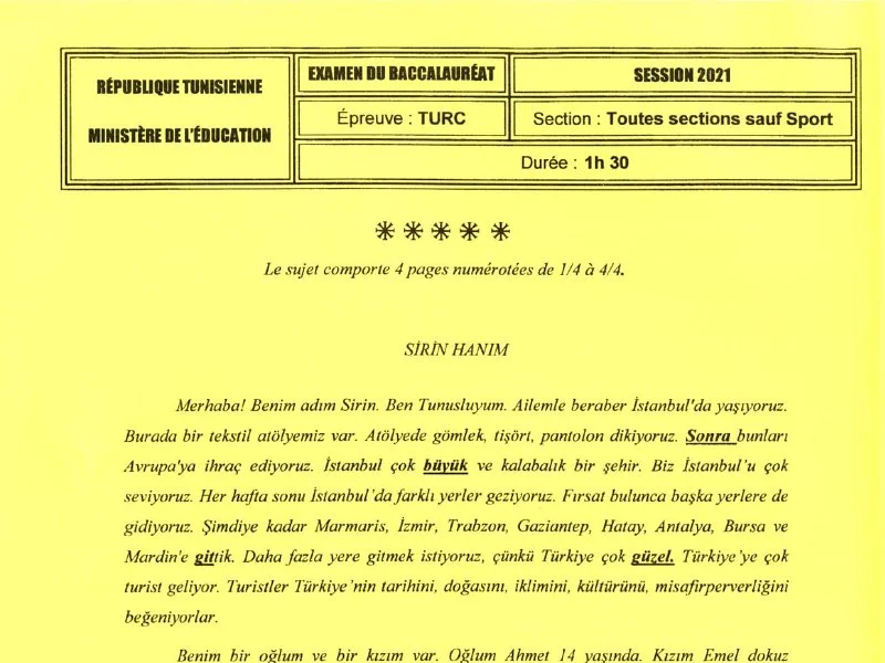 إمتحان اللغة التركية لسنة 2021 الدورة الرئيسية باكالوريا رياضيات
