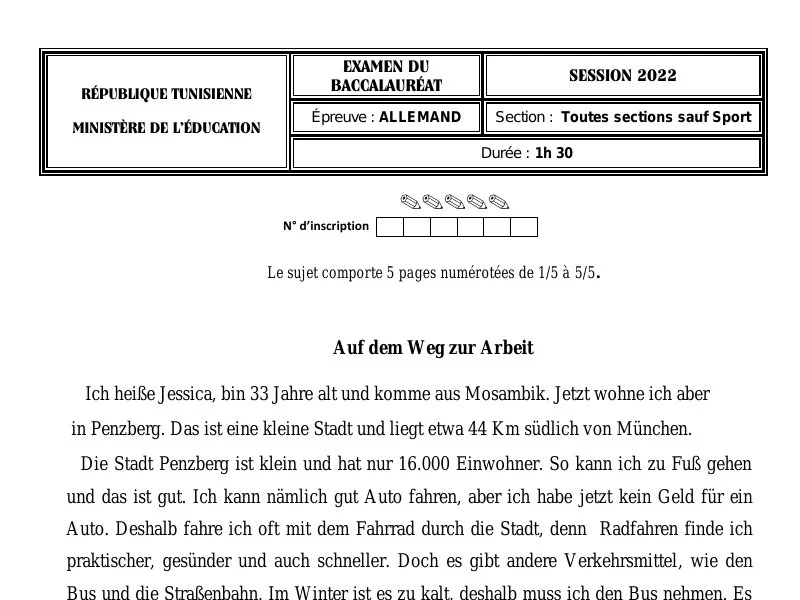 إصلاح إمتحان اللغة الألمانية لسنة 2022 الدورة الرئيسية شعبة الرياضيات