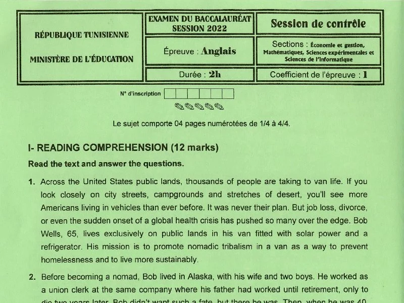 إمتحان اللغة الإنجليزية لسنة 2022 دورة التدارك شعبة الرياضيات