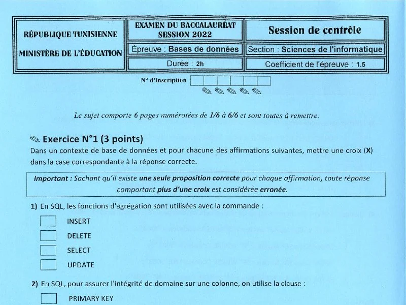 Examen de Base de donnée BAC 2022 controle
