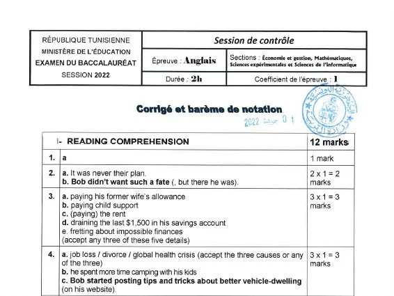 إصلاح إمتحان إنجليزية لسنة 2022 دورة التدارك باكالوريا إعلامية