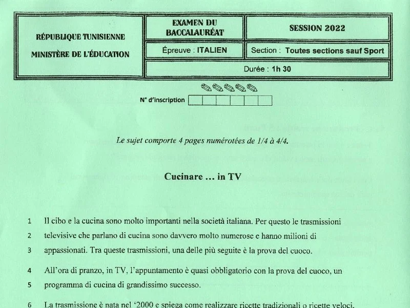 إمتحان اللغة الإيطالية لسنة 2022 الدورة الرئيسية شعبة الرياضيات