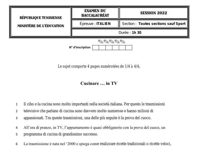 إصلاح إمتحان اللغة الإيطالية لسنة 2022 الدورة الرئيسية شعبة الرياضيات