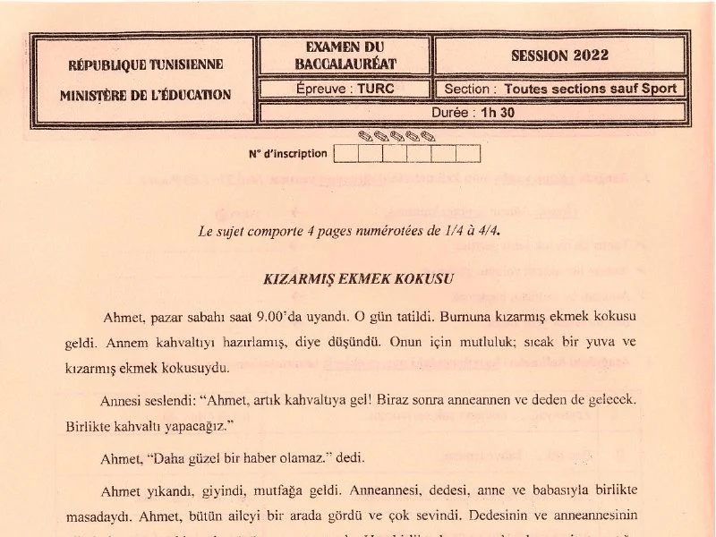 Bac Maths 2022 : Épreuve de Turc (Session Principale)