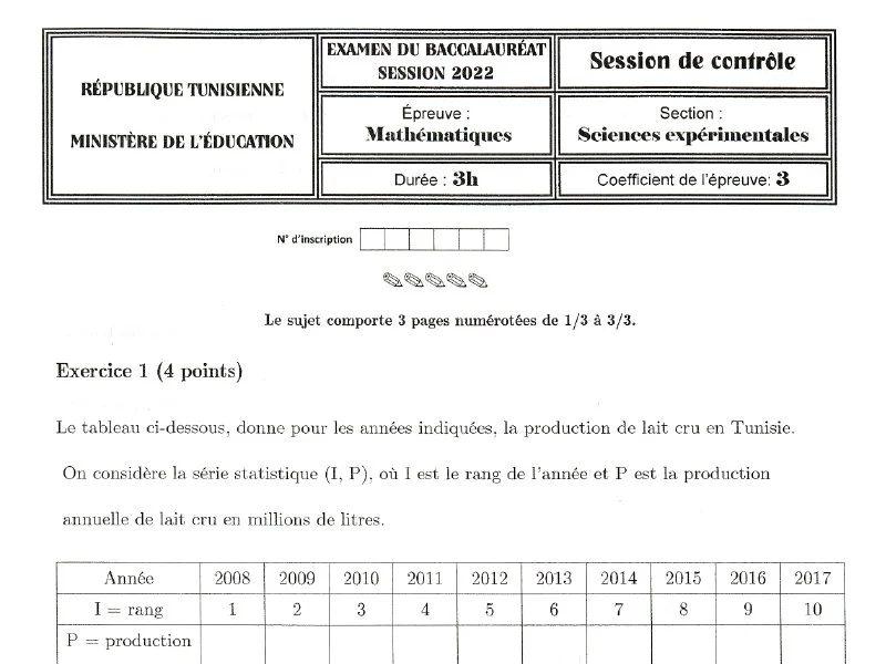 Épreuve de Maths Bac 2022 - Sciences Exp. (Session Rattrapage)