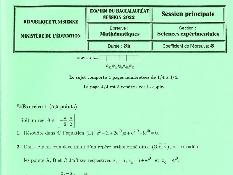 Bac 2022 Maths : Session Principale - Sciences Expérimentales
