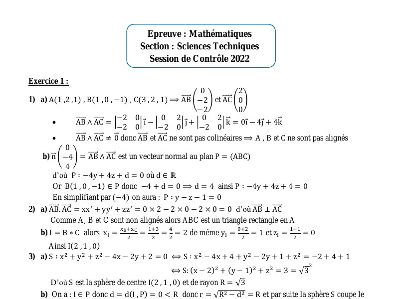 Correction Bac Maths Tech 2022 - Rattrapage Tunisie