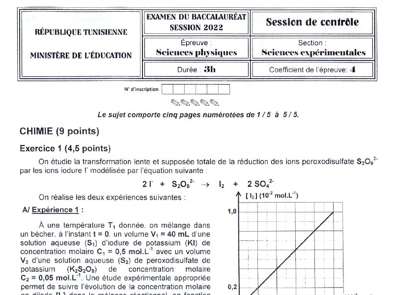 Examen Physique Bac 2022 - Sc. Exp. - Session Contrôle