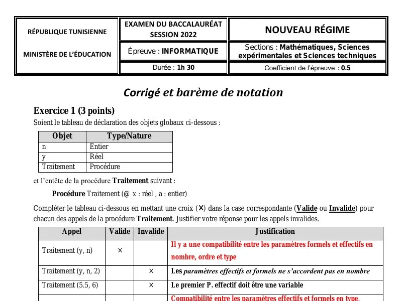 Correction Bac Info 2022 Tunisie - Sciences Techniques