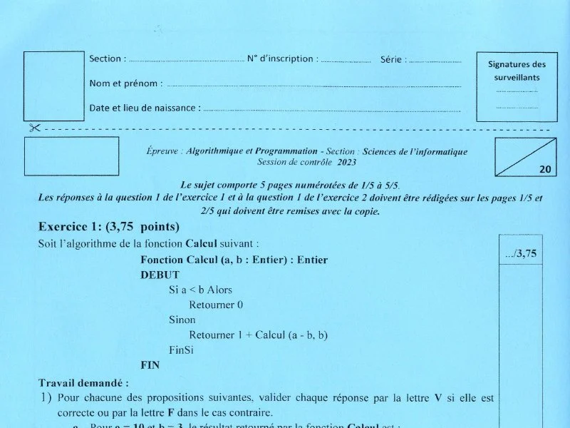 Examen d’algorithme et programmation BAC 2023 S controle