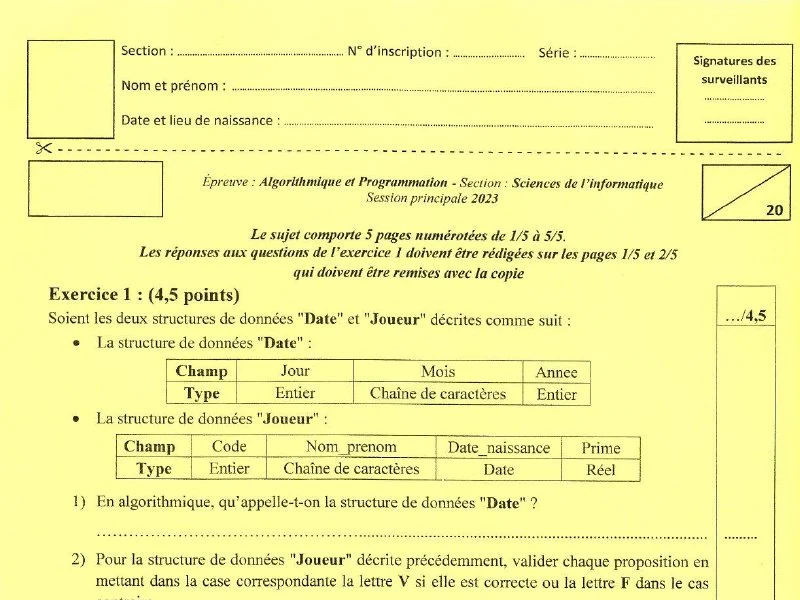 Examen d’algorithme et programmation BAC 2023 S principale
