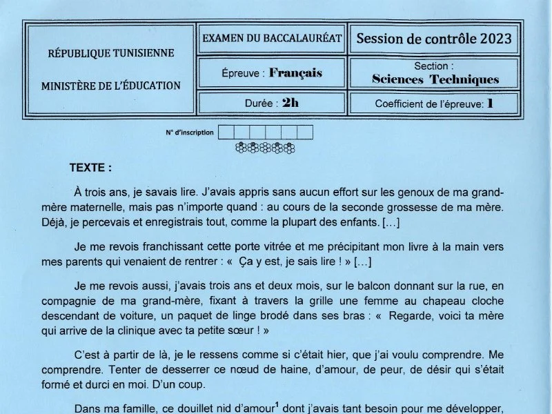 إمتحان اللغة الفرنسية لسنة 2023 دورة التدارك باكالوريا علوم تقنية