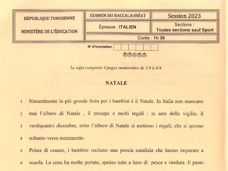 Examen Italien Bac 2023 (Math) - Session Principale | Tunisie