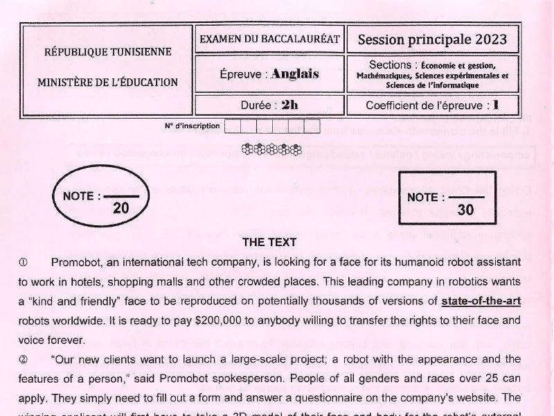 Examen Anglais Bac Maths 2023 - Session Principale Tunisie