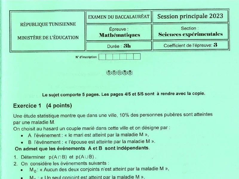 Bac Maths 2023 : Sciences Exp. - Session Principale Tunisie