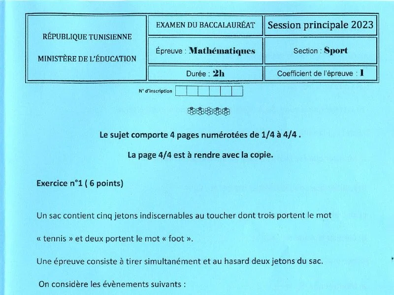 Examen Maths BAC 2023 Éducation Physique Tunisie