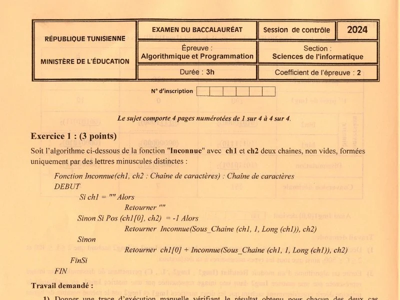 Examen d’algorithme et programmation BAC 2024 S controle
