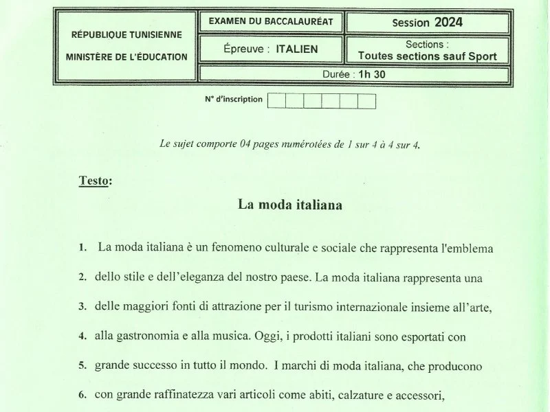 Examen Italien Bac 2024 : Session Principale Section Maths