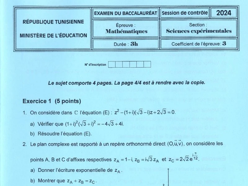 Bac Tunisie 2024 : Examen Maths Rattrapage Sciences Expérimentales