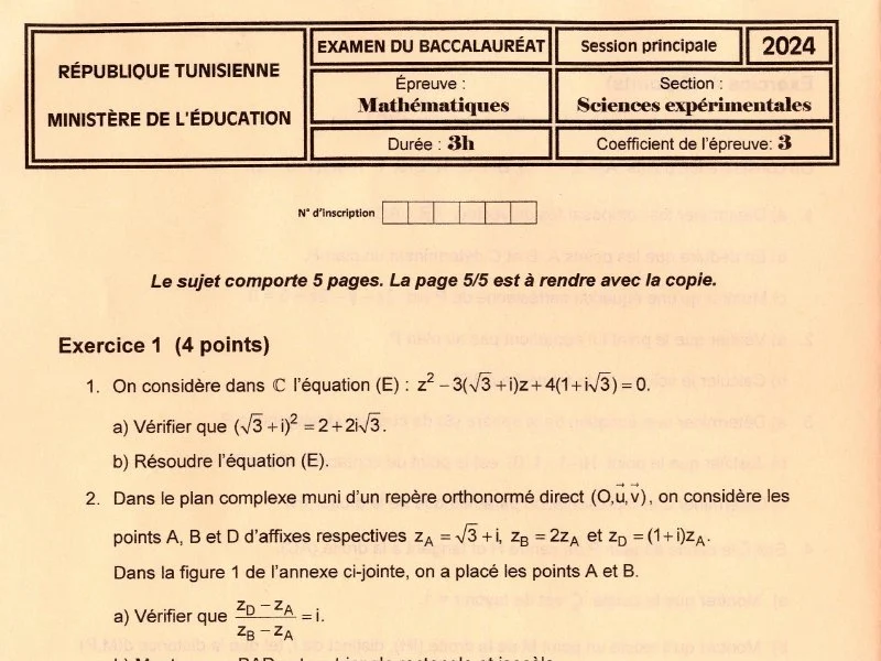 Examen Maths Bac 2024 - Sciences Expérimentales (Session Principale)