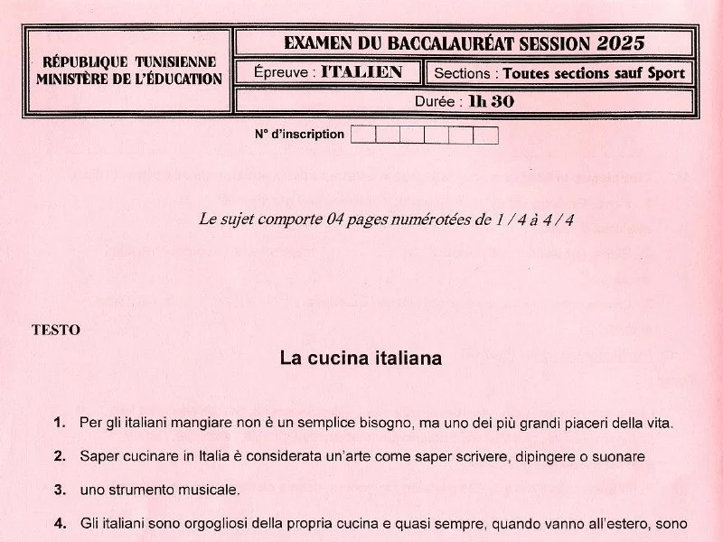 Examen Italien Bac Math 2025 : Session Principale (Tunisie)