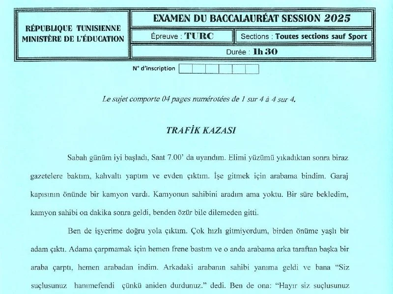 Examen Turc 2025 Bac Maths : Session Principale