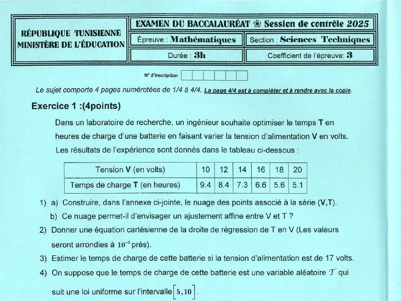 Examen Maths Bac Sciences Techniques 2025 – Rattrapage
