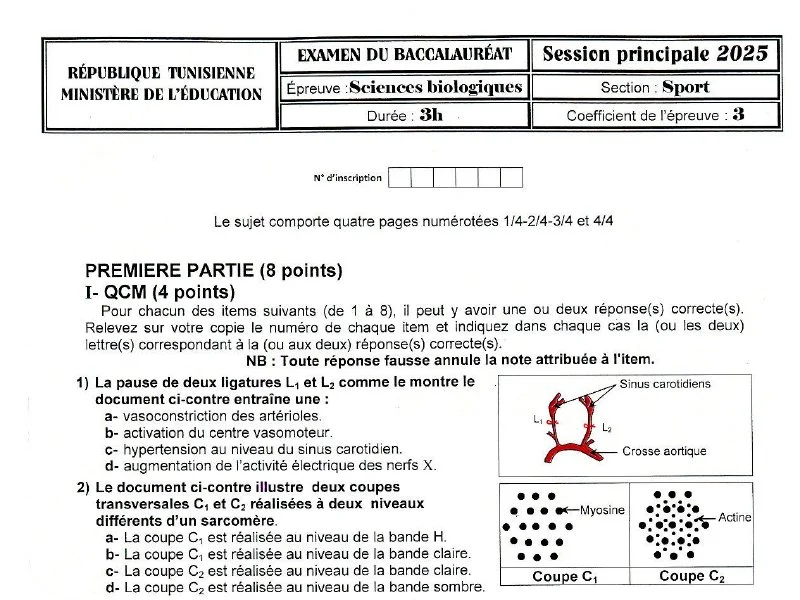 Sciences Vie Terre BAC 2025 Épreuves Principales Éducation Physique Tunisie