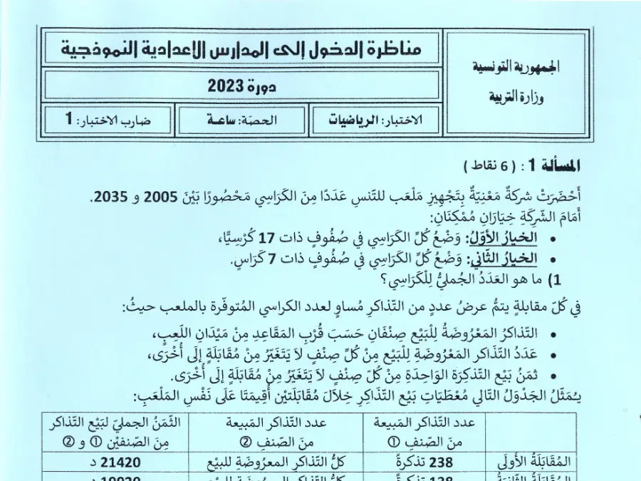 اختبار مناظرة الإلتحاق بالمدارس الإعدادية النموذجية في مادة الرياضيات السنة السادسة ابتدائي عدد 20
