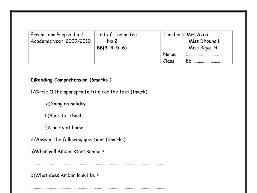 الفرض التأليفي الثلاثي الثاني في مادة الإنجليزية السنة الثامنة أساسي عدد 5