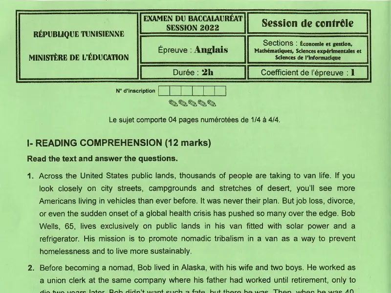 البكالوريا: موضوع امتحان الإنجليزية (الموضوع 49)