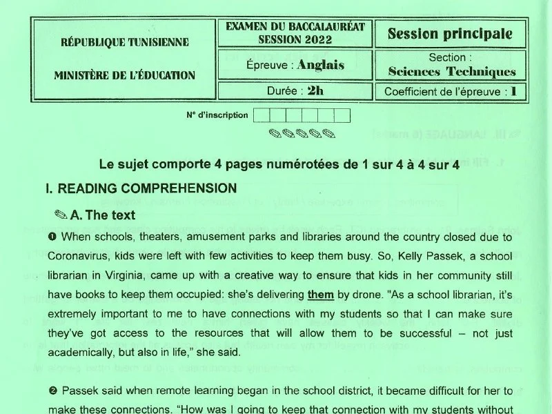 الإنجليزية – موضوع امتحان لتلاميذ البكالوريا رقم 58