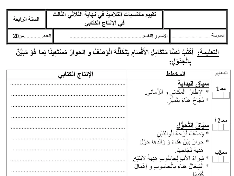 امتحان الثلاثي الثالث إنتاج الكتابي الخاص بالسنة الرابعة ابتدائي – الرابع