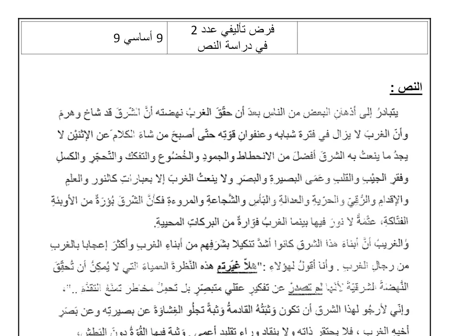 السنة التاسعة أساسي: الفرض التأليفي الثلاثي الثاني العربية (الموضوع 27)
