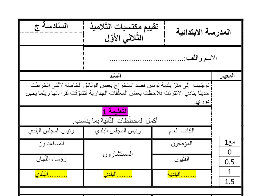 التربية المدنية – نموذج فرض الثلاثي الأول لتلاميذ السنة السادسة ابتدائي رقم 6