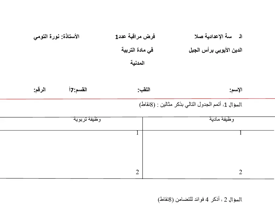 امتحان الثلاثي الأول التربية المدنية السنة السابعة أساسي – النموذج العاشر