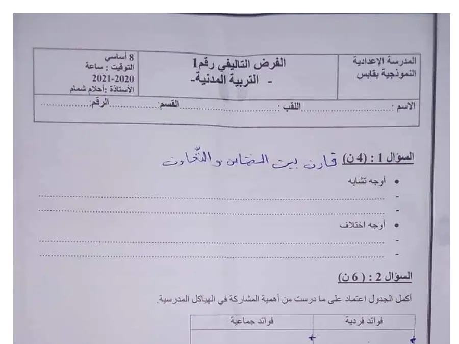 نموذج فرض تأليفي الثلاثي الأول في مادة التربية المدنية السنة الثامنة أساسي عدد 4