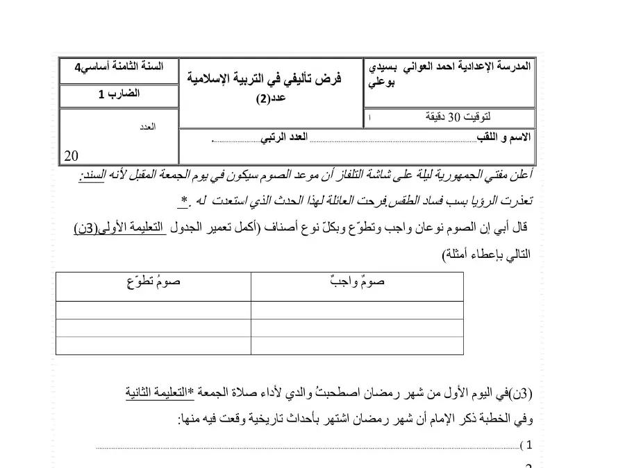 السنة الثامنة أساسي: نموذج فرض تأليفي الثلاثي الثاني التربية المدنية (الموضوع الأول)
