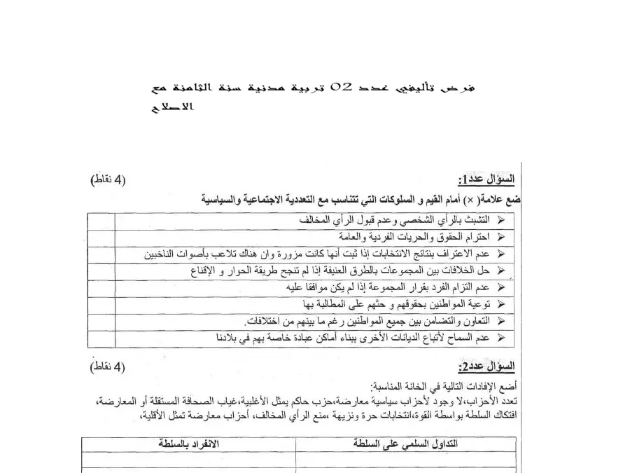 الفرض التأليفي الثلاثي الثاني التربية المدنية السنة الثامنة أساسي – نموذج 14