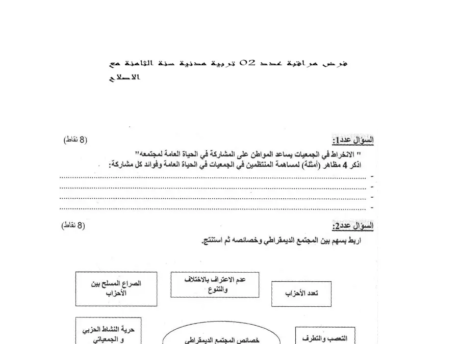 نموذج 3: فرض المراقبة الثلاثي الثاني التربية المدنية السنة الثامنة أساسي