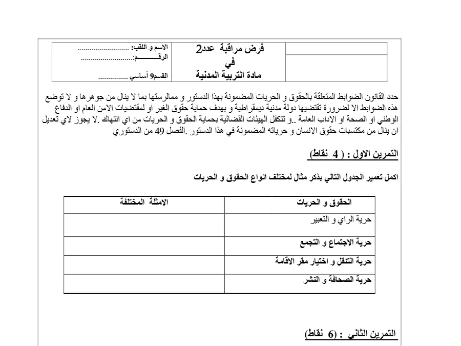 التربية المدنية – فرض المراقبة الثلاثي الثاني لتلاميذ السنة التاسعة أساسي رقم 1
