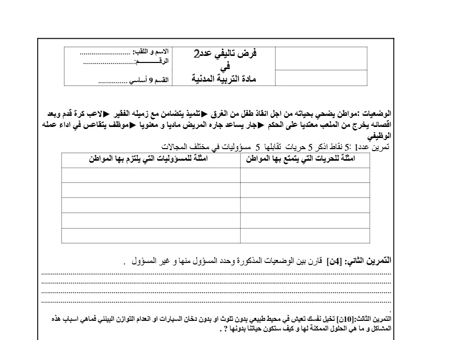 الفرض التأليفي الثلاثي الثاني التربية المدنية السنة التاسعة أساسي – نموذج 1