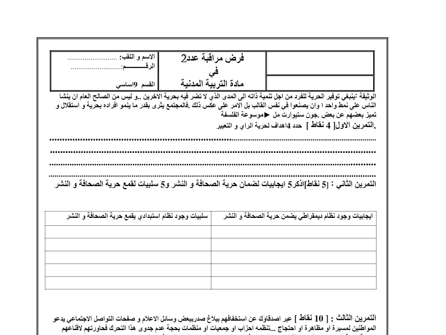 فرض مراقبة الثلاثي الثاني التربية المدنية الخاص بالسنة التاسعة أساسي – 15