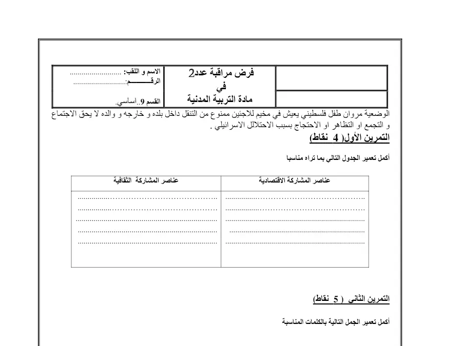 نموذج فرض مراقبة الثلاثي الثاني التربية المدنية الخاص بالسنة التاسعة أساسي – 17
