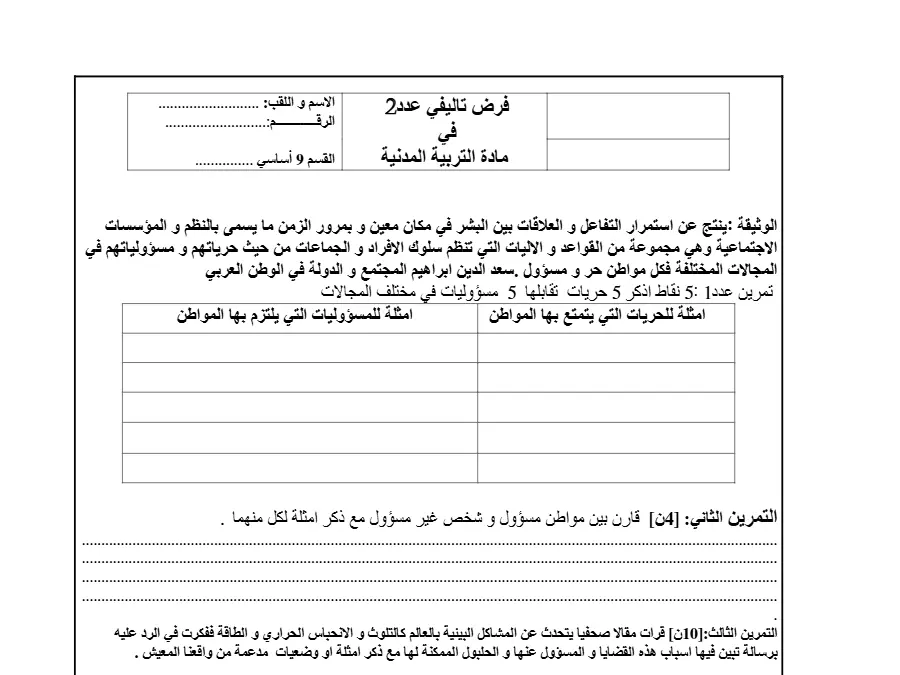 السنة التاسعة أساسي: فرض تأليفي الثلاثي الثاني التربية المدنية (الموضوع السادس)