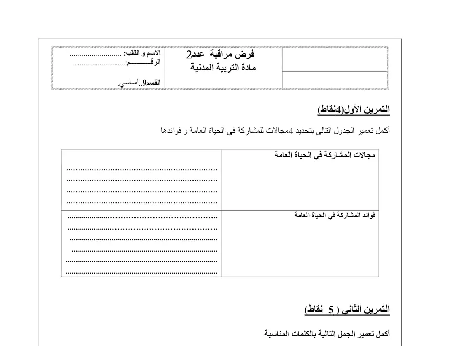 نموذج فرض مراقبة الثلاثي الثاني التربية المدنية الخاص بالسنة التاسعة أساسي – السابع