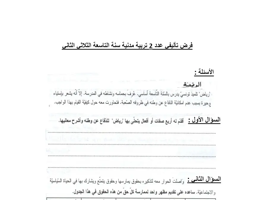 الفرض التأليفي الثلاثي الثاني التربية المدنية الخاص بالسنة التاسعة أساسي – السابع