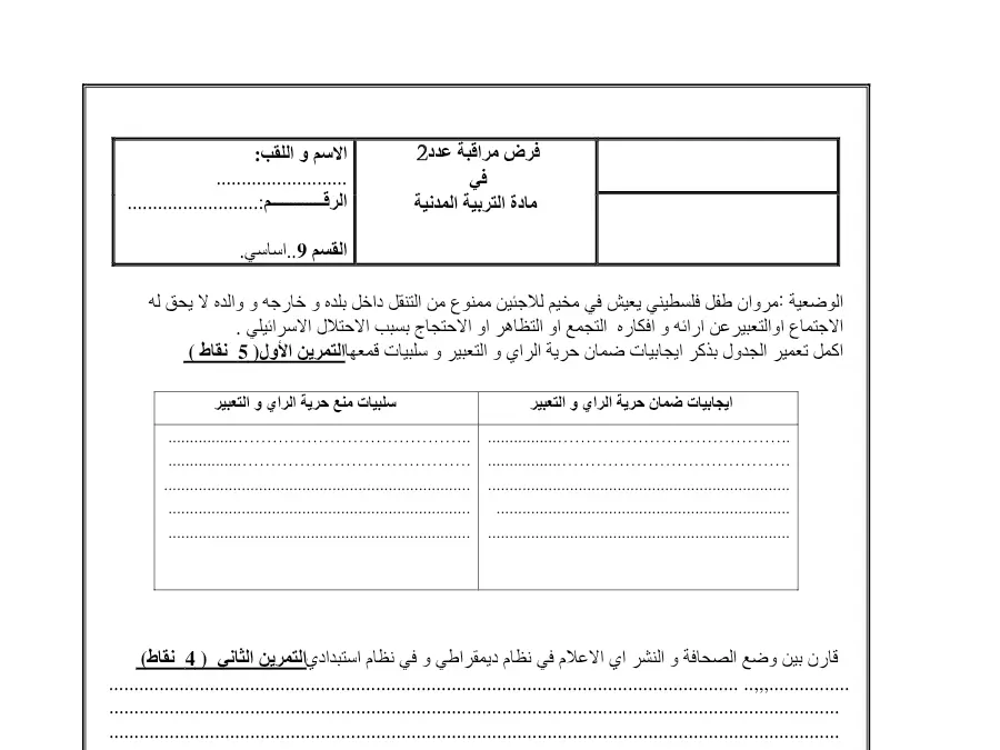 نموذج فرض مراقبة الثلاثي الثاني في مادة التربية المدنية السنة التاسعة أساسي عدد 8