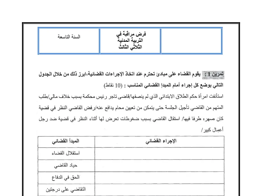 السنة التاسعة أساسي: فرض المراقبة الثلاثي الثالث التربية المدنية (الموضوع الثامن)