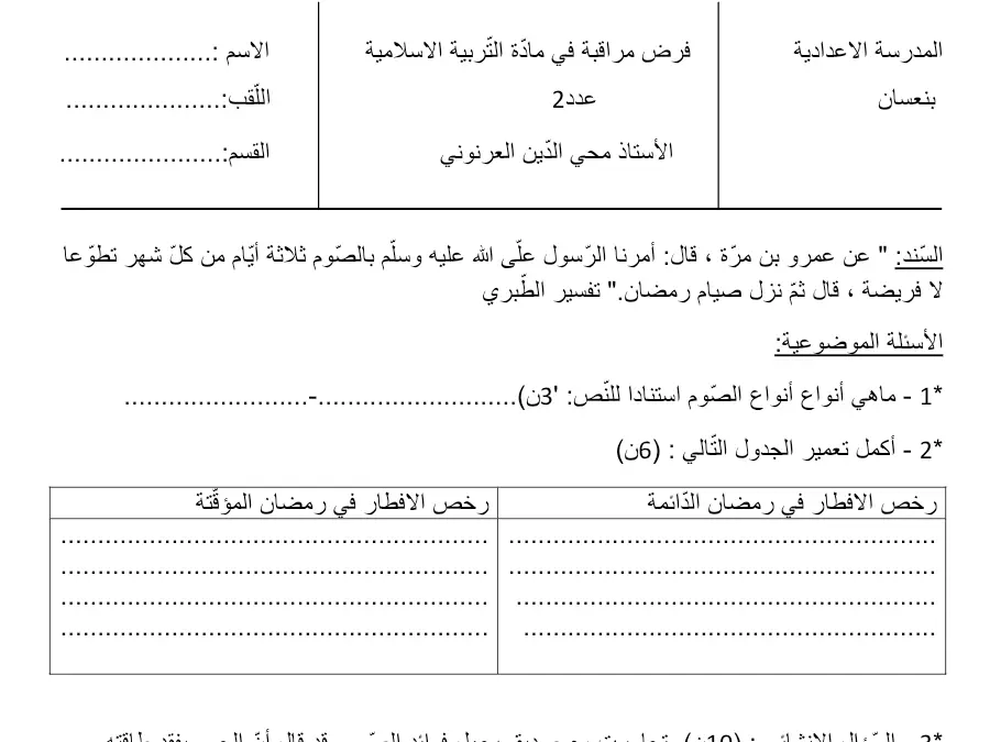 نموذج فرض مراقبة الثلاثي الثاني في مادة التربية الإسلامية السنة الثامنة أساسي عدد 1